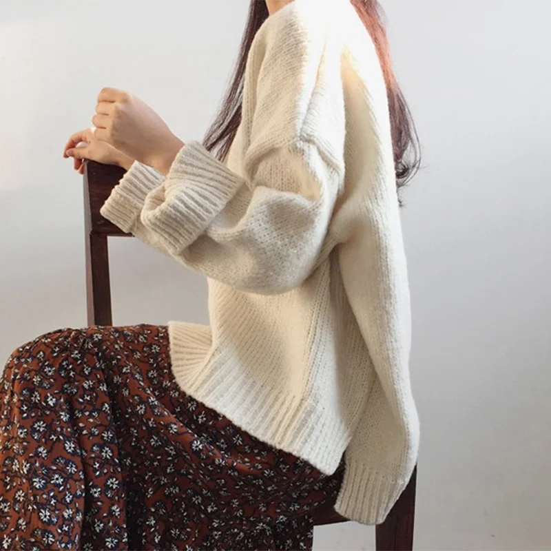 

Split V-Neck Oversized Sweater Pullovers Women Long Sleeve Autumn Winter Jumpers Korean Casual Vintage Warm Loose Thicken X465