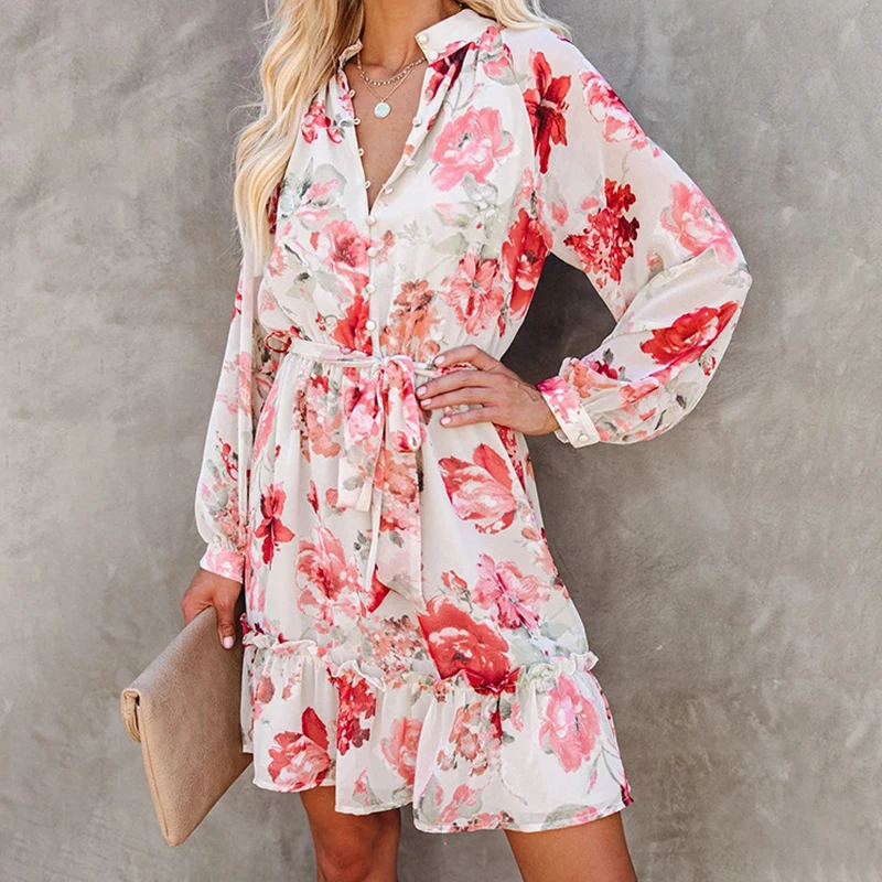 

Bohemian Dress for Women 2021 Autumn Long Sleeve Stand Collar Button Sexy Short Dresses Casual Clothing Strappy Print Mini Dress