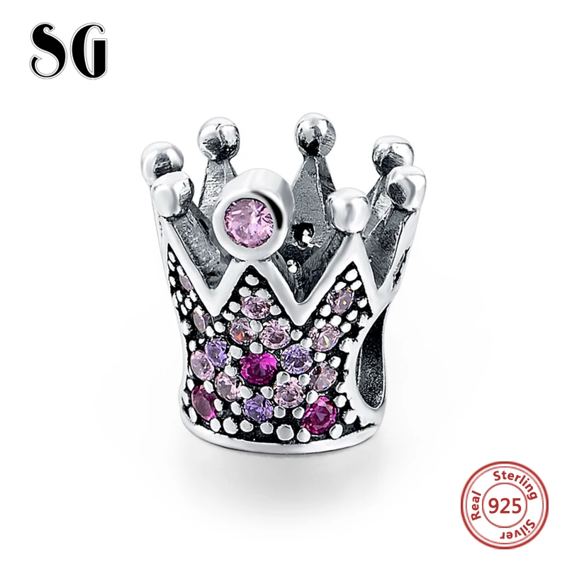 SG new classic princess crown charms with pink CZ sterling silver 925 fit original bracelet Europe Silver Jewelry making gifts | Украшения
