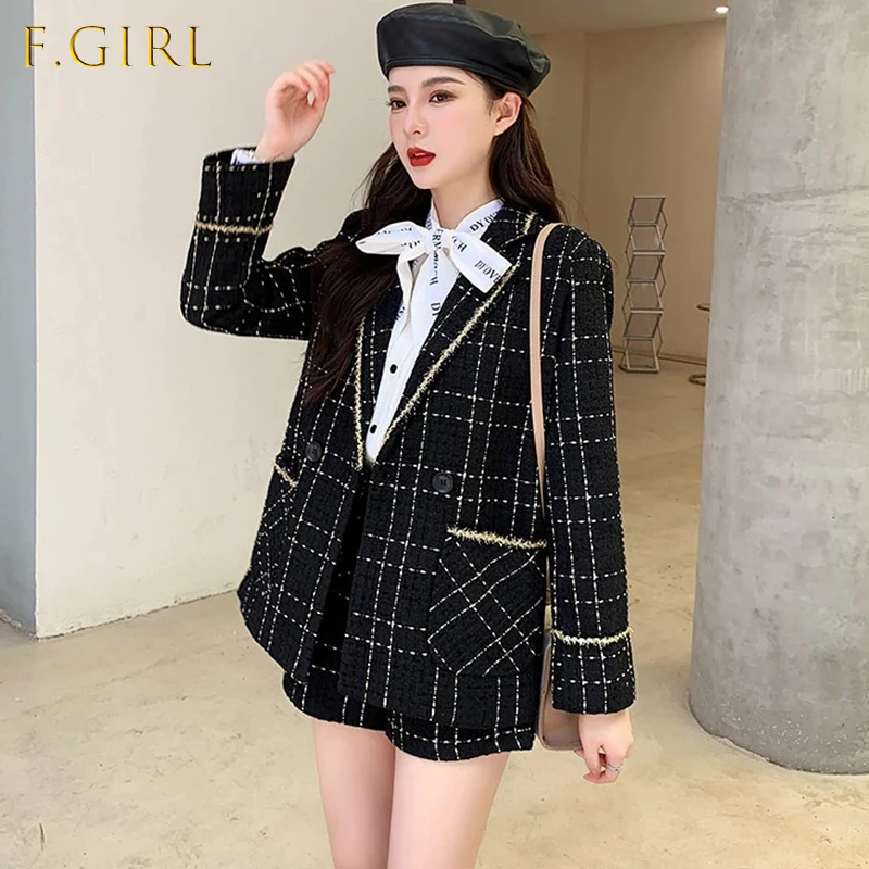 

2021 Autumn Elegant Tweed Two Piece Set High Quality Women Notched Double Breasted Suit Coat + High Waist Wide Leg Pants Shorts