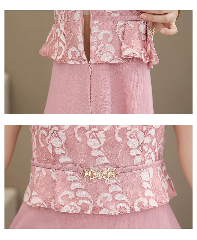 

Summer New Large Size Women's Short-sleeved Round Neck A-line Dress Was Thin Temperament Fake Two-piece Lace Chiffon Dress