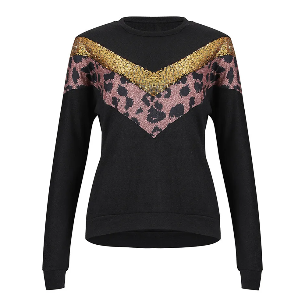 

Womens Leopard Print Shirt top Fashion Sequins Patchwork Sweatshirts Long Sleeve Loose Hoodies Tops Pullover Casual Sweatshirt