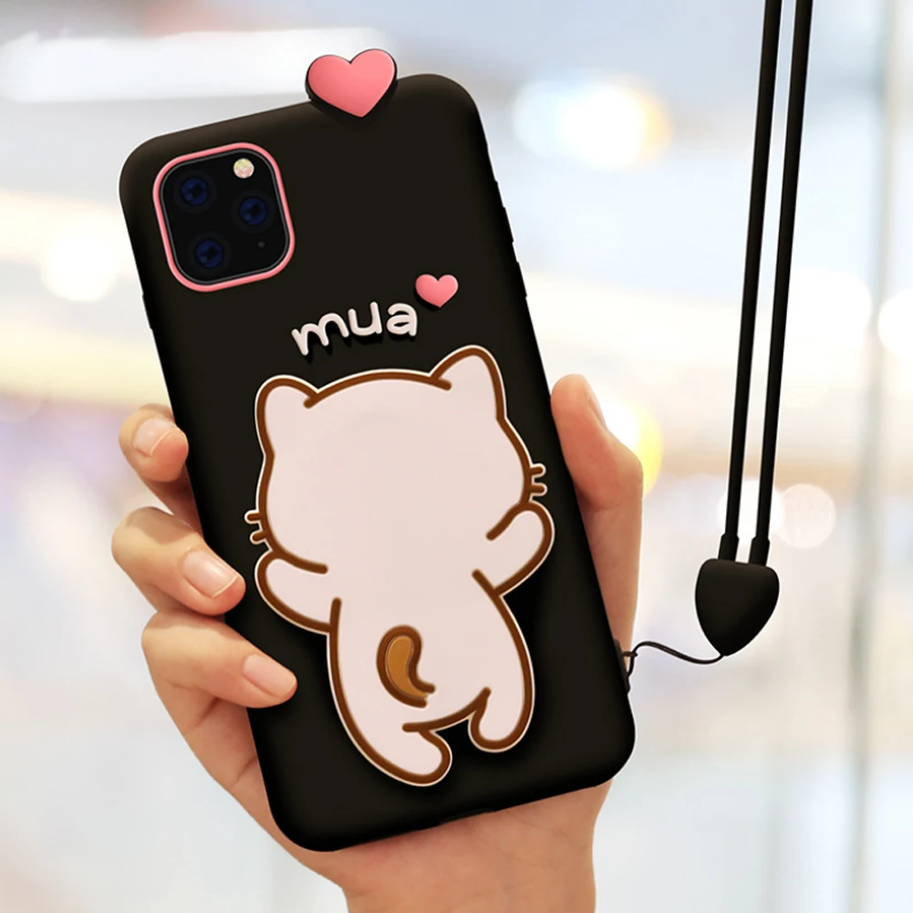 Black color Милый силиконовый чехол-держатель для iPhone 11 Pro Max с изображением кота из мультфильма, поддержка подставки, ремешок через плечо, веревка для iPhone X XS XR - Цвет: Black color