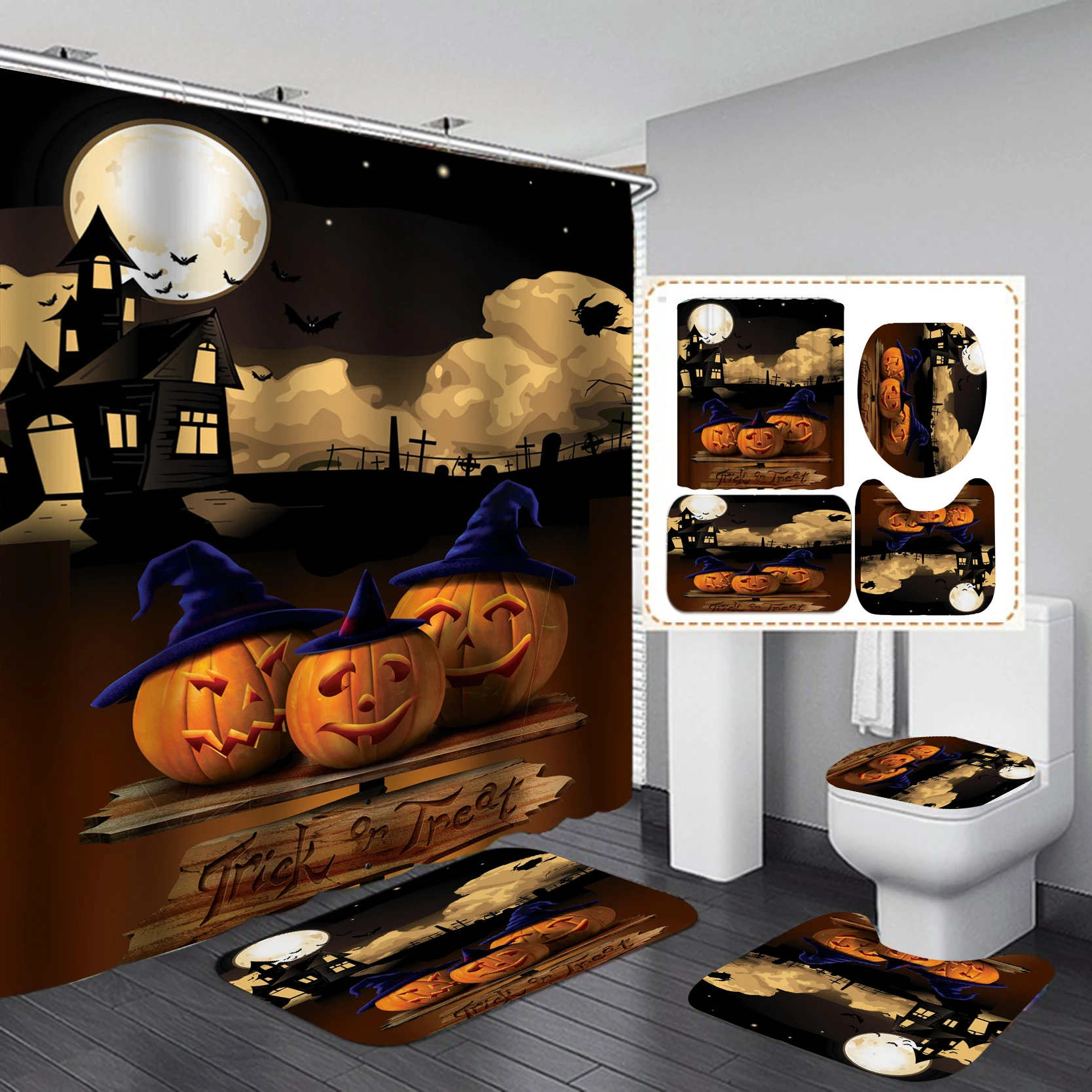 

Halloween Bathroom Curtains Set Non-Slip Rugs Toilet Cover Bath Mat Dark Bats Smile Pumpkin Goblin Shower Curtain Home Decor