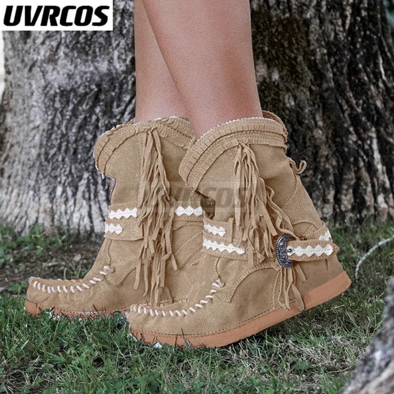 

Женские ботильоны с бахромой, теплые Нескользящие ботинки в этническом стиле с круглым носком и ремешком с пряжкой, теплая обувь для женщин,...