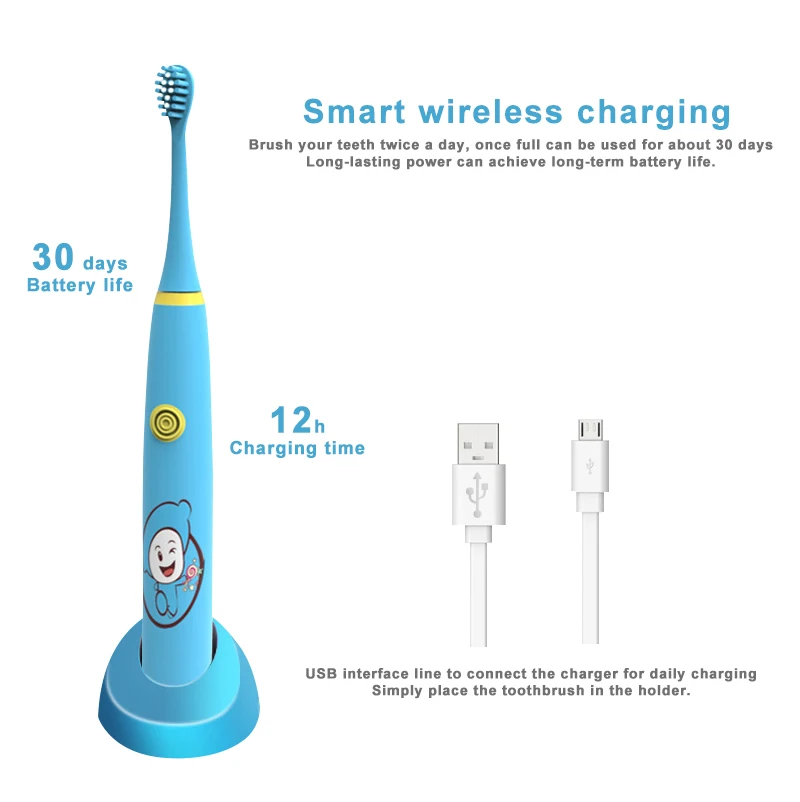 

Children's Electric Toothbrush Kids 3 To 12 Years Old Cleaning Care Oral Bacteria 3 Replacement Brush Heads USB Charging