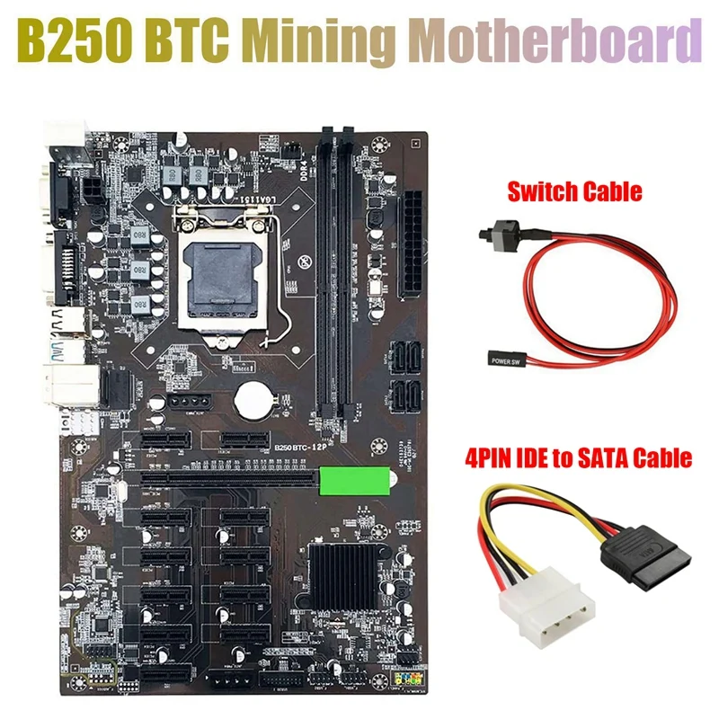 B250 BTC Mining Motherboard with 4PIN IDE to SATA Cable+Switch Cable 12XGraphics Card Slot LGA 1151 DDR4 for BTC Miner