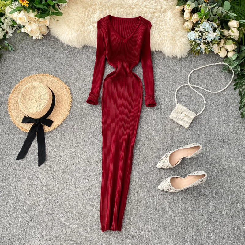 

Women Autumn Knitted Dress V Neck Sexy Slim Elastic Bodycon Long Dress Winter Knit Warm Sweater Dresses 2021 Vestidos De Mujer
