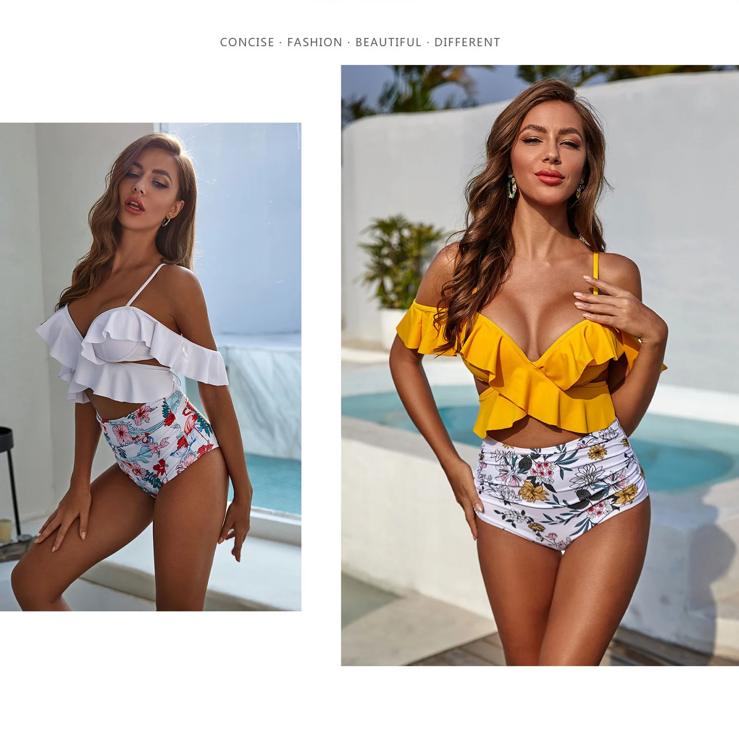 

Hirigin High Wasit Floral Bkini Set Ruffles Crossbody Shoulderless Sexy Swimwear Women Swimming Suit 2021 Padded Bathing Suit