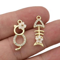 5pcs gold plated crystal cat fish charms pendants for jewelry making necklace diy earrings handmade craft