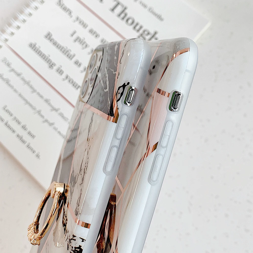 Geometric Splice Marble Finger Ring Phone Case For iPhone 11 Pro Max XR XS 7 8 6 Plus Soft IMD Plated Line Cover | Мобильные