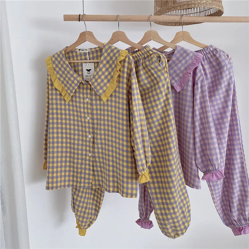 

Ladies Two-piece Pajamas Autumn Loose Girl Two-color Plaid Casual Home Wear Pajamas Suit Women Loungewear