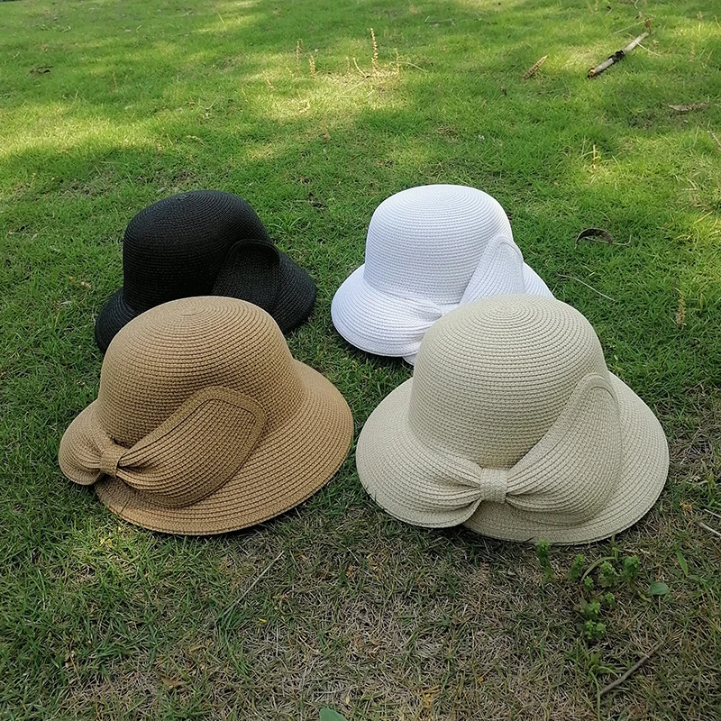 

2021 Panama Hats Simple Four Seasons Beach Hat Female Casual Lady Women Flat Brim Bowknot Straw Cap Girls Bow Sun Hats