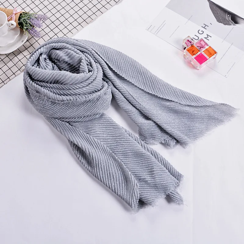 2020 Новые простые Стильные тонкие длинные шарфы мусульманский хиджаб серебристые