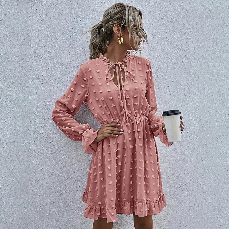 

Streetwear Women's Dress Flared Long Sleeve V-neck Lace Ruffled High Waist A-line Dress Female Elegant Casual Bohemian Sundress