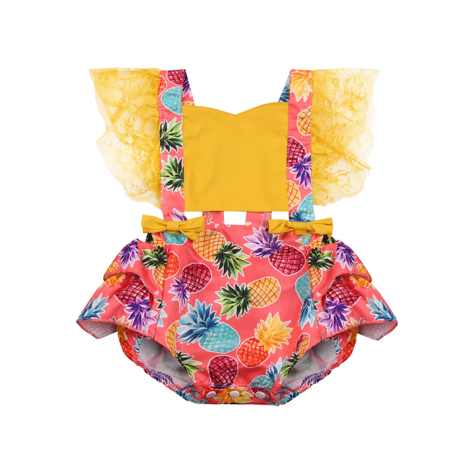 

Summer 0-18M Lovely Baby Girls Bodysuits Headband 2pcs Pineapple Floral Print Lace Ruffles Sleeve Jumpsuits Clothes