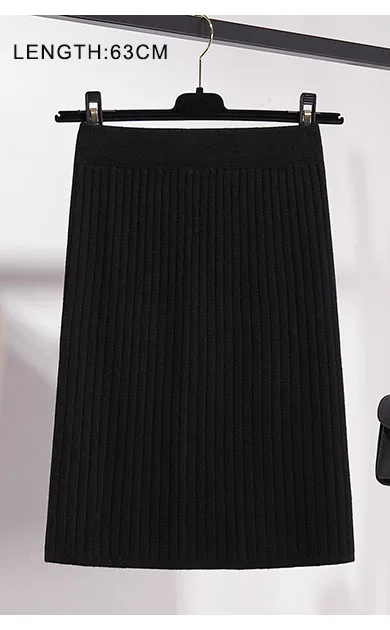 63cm black Осень-зима, Женская длинная юбка с эластичной резинкой на талии, теплая трикотажная прямая тонкая элегантная черная юбка-карандаш, faldas jupe femme - Цвет: 63cm black