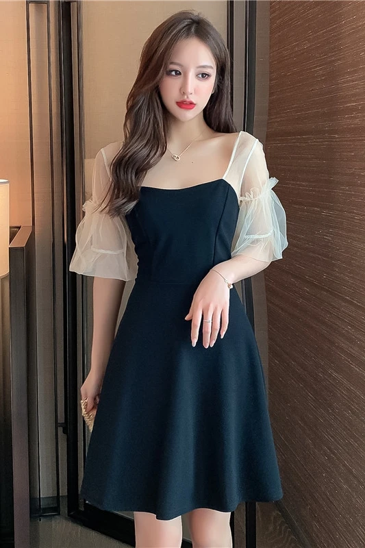 

COIGARSAM Patchwork Women one-piece dress korean New Summer Short Sleeve High Waist Mesh Dresses Red Black 9126