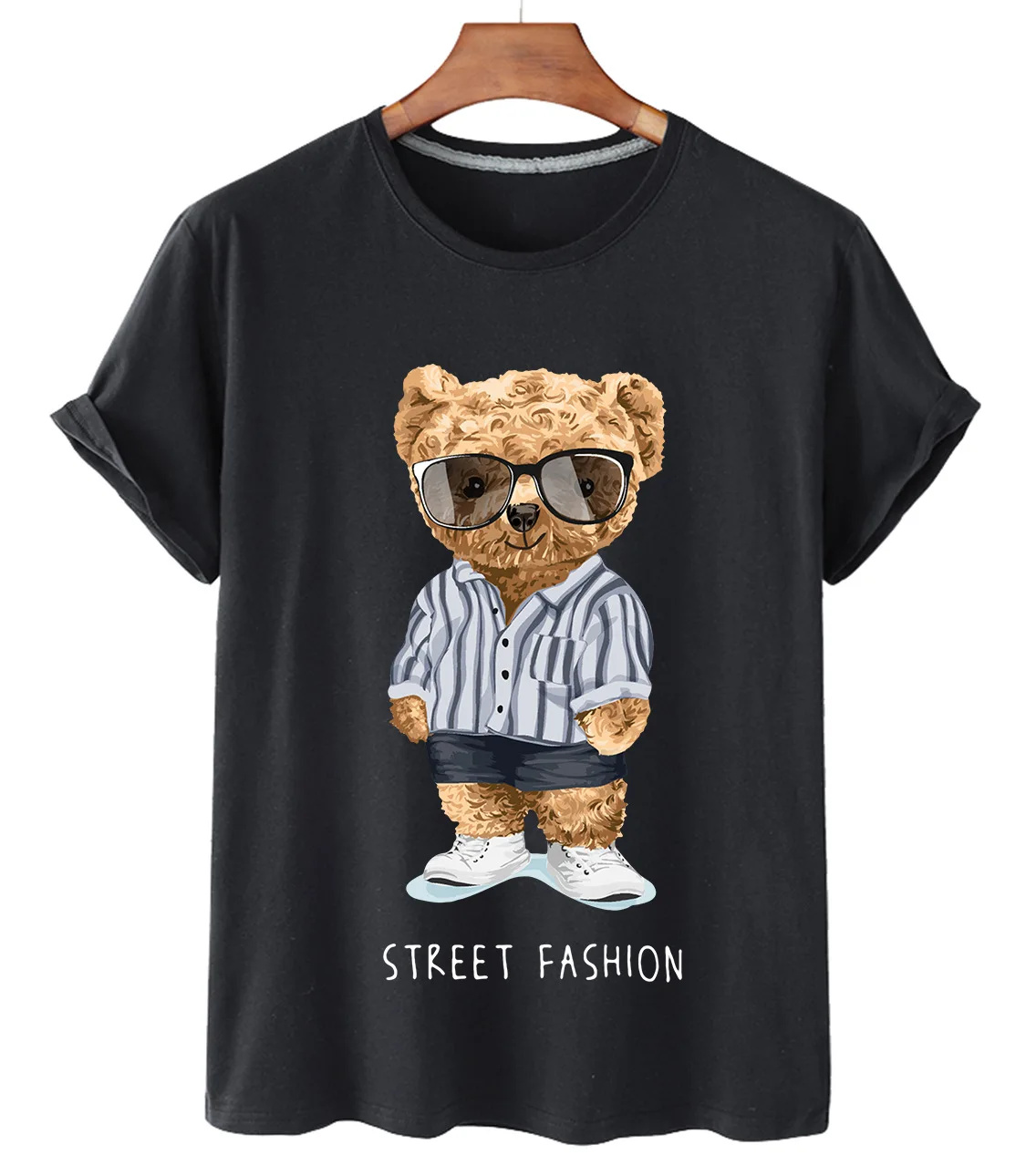

Top Handsome Sunglasses Bear Print Cotton Short-sleeved O-neck Loose Casual Top T-shirt Female Oversized T-shirt Couple S-3XL