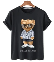 top handsome sunglasses bear print cotton short sleeved o neck loose casual top t shirt female oversized t shirt couple s 3xl
