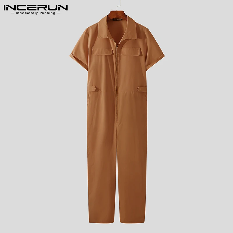 

INCERUN Fashion Men Jumpsuits Solid Color Lapel ShortSleeve Loose Cargo Overalls Men Streetwear 2021 Zipper Men Rompers S-5XL