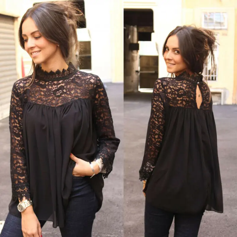 Женская Летняя туника с длинным рукавом кружевная блузка цветочным принтом