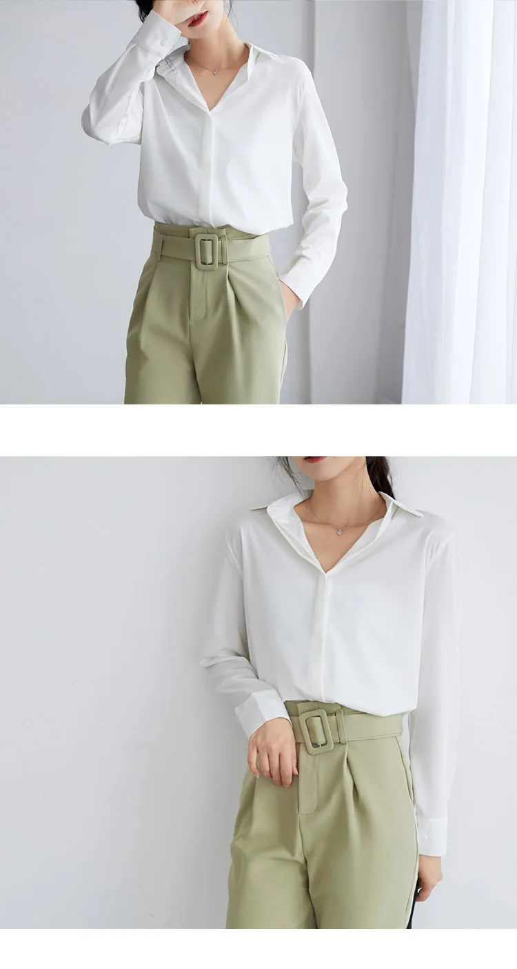 

Houthion Chiffon Slim Women's Blouses Fashion Long Sleeve Top New Casual Blouse Solid Color V-neck Shirt Lady Blusas