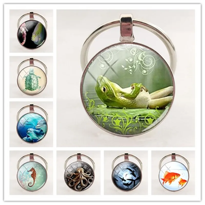 Marine life glass dome keychain marine animal art shark crab octopus turtle fish charm keyring DIY jewelry discovery | Украшения и