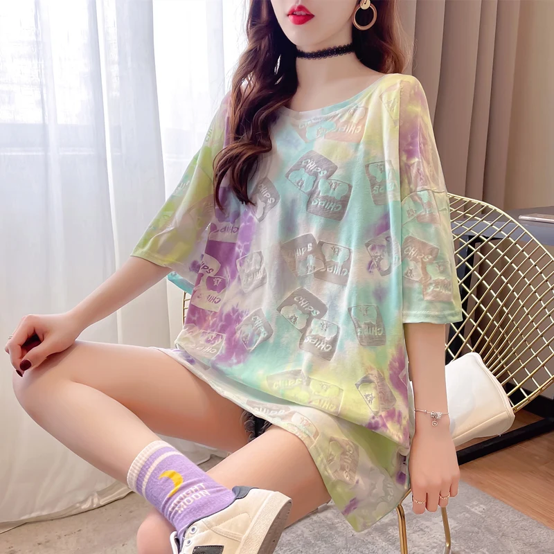 

#0621 Summer Long T Shirt Women O Neck Neon Color Tie Dye T Shirt Loose Casual Hollow Out Harajuku Hip Hop T Shirt Short Sleeved