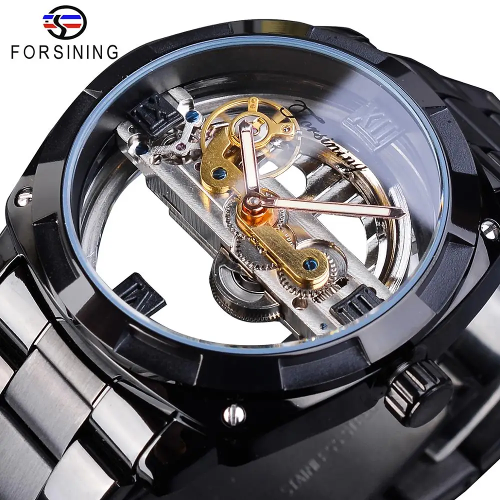 Forsining Steampunk Black Mechanical Watch Men Automatic Skeleton Transparent Gear Vintage Sport Business Steel Belts Wristwatch