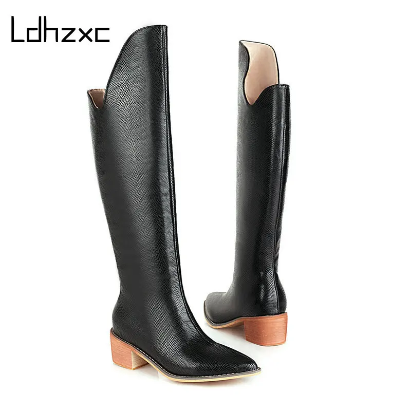 

Женские сапоги до колена LDHZXC, с острым носком, на толстом высоком каблуке, большие размеры 33-43