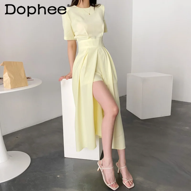 

Женское асимметричное платье средней длины, однотонное офисное платье с разрезом, высокой талией и коротким рукавом, корейская мода на лето