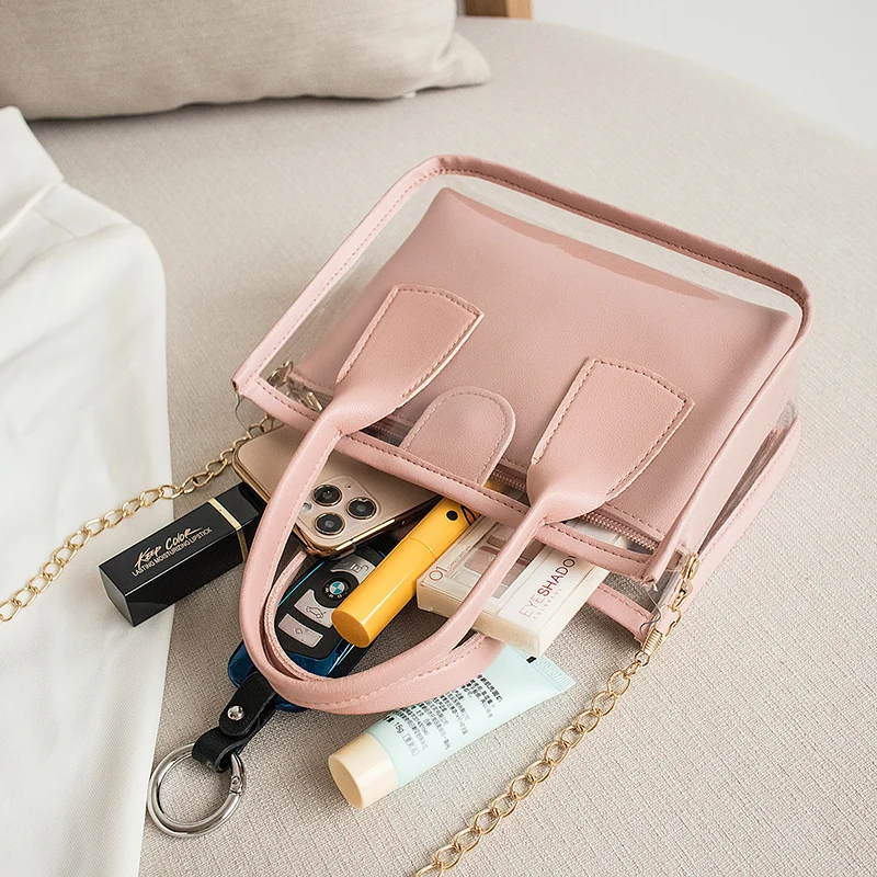 

2020 Fashion Trend Women Ladies Solid Color Crossbody Handbag PVC PU Leather Zipper Composite Bags Chain Shoulder Strap Purse