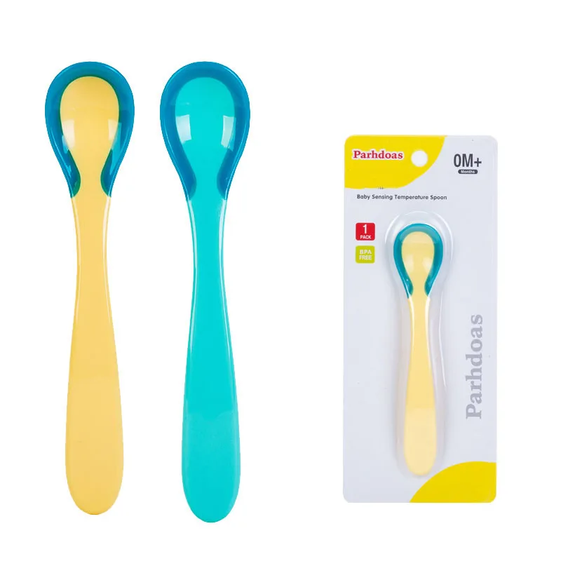 

baby thermal spoon + Set Temperature Discoloration Non-slip Handle with Transparent Storage Box Soft Feeding Spoon Utensils