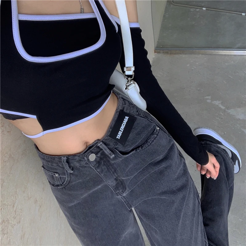 

Women High Waist Vintage Wide Leg Pants 2022 Spring Letters Y2K Loose Jeans Mujer Fashion Office Lady Mop Denim Trousers P416
