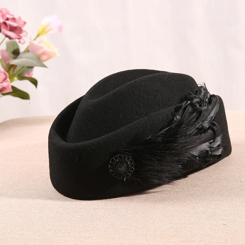 Women Elegant Feather Fascinator Hat Cocktail Beret Cap Lady Wedding Party Church Hair Accessories Wool Felt Pillbox | Аксессуары для