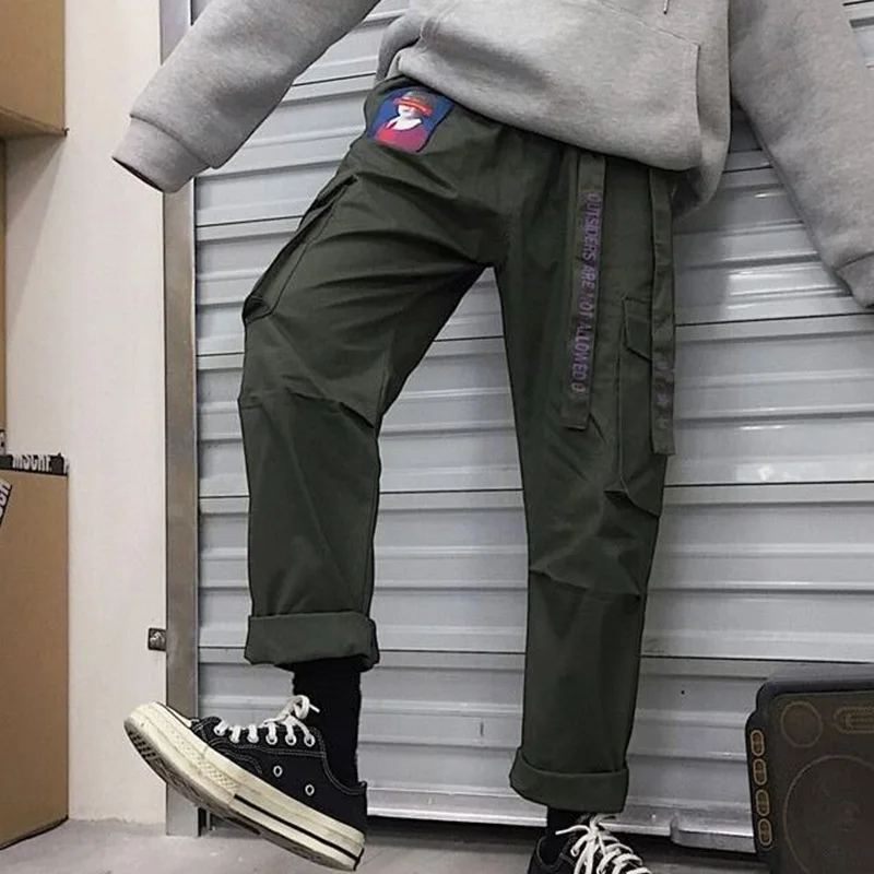 Армейский зеленый Hip Hop Harajuku Women's Cargo Pants Plus Size Patchwork Lace-up Straight Sweatpants Female Streetwear Sports Trousers - Цвет: Армейский зеленый