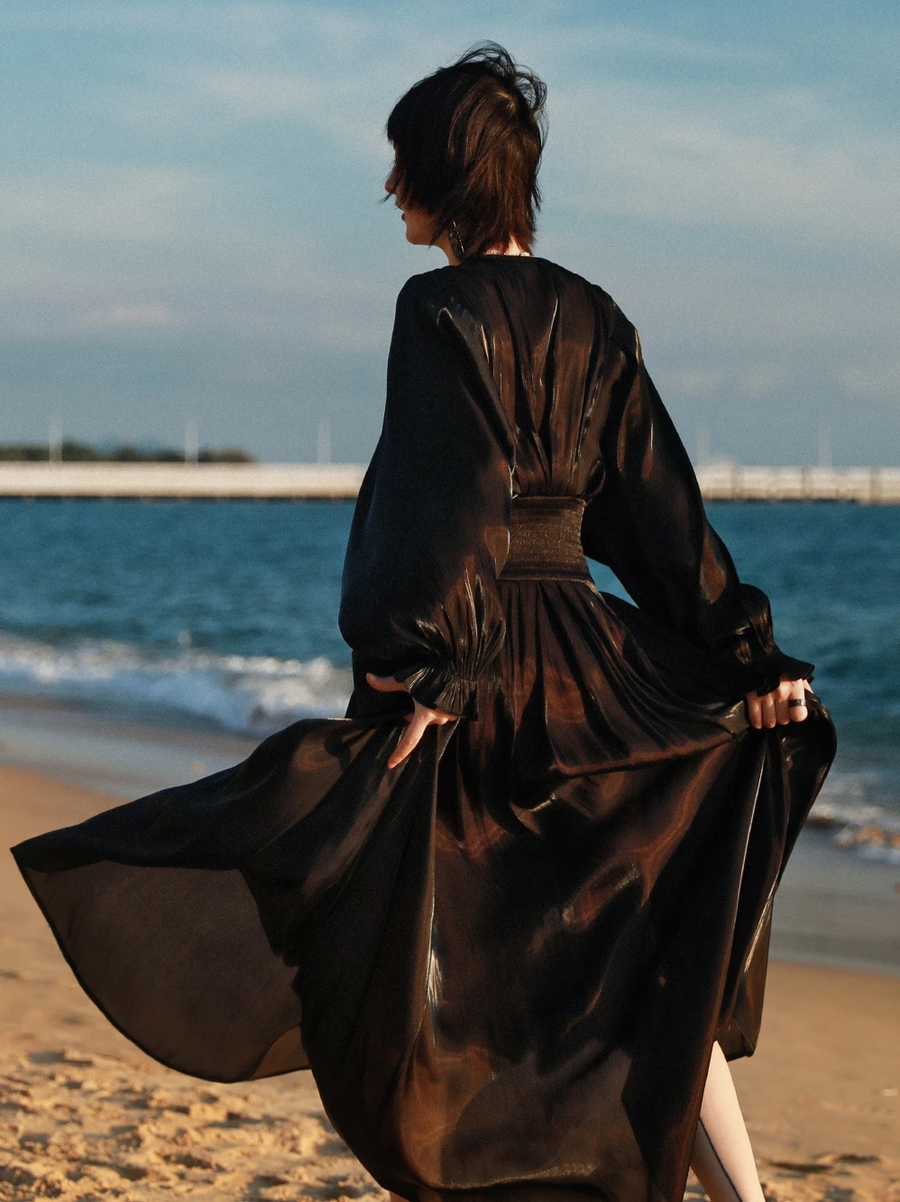 

IEQJ Women Dress New V-Neck Long Sleeve Loose Black Empire Waist Elegante Casual A-line Fashion Tide Pleated Summer 2021 8P816