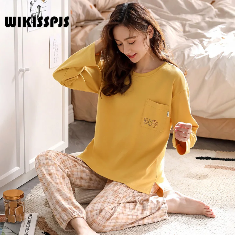 WIKISSPJS 2021 New Style Pajamas Women's Spring Cotton Long Sleeve Home Clothes Cotton Leisure Lovely Suit Women Loungewear