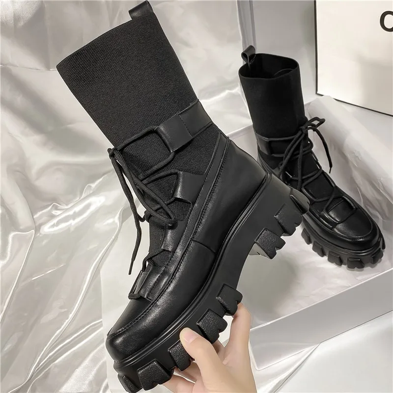 

Stretch Women's Lace up Boots Genuine Leather Fashion Women Long Boots 2020 Autumn Ladies Platform plus size