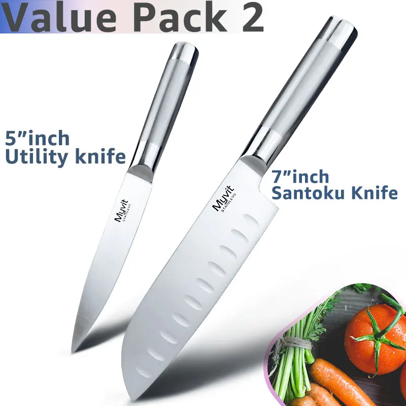 2 pcs value pack 2 Кухонный нож шеф-повара для нарезки хлеба Santoku, нож для очистки овощей, ножи из нержавеющей стали, 8, 7, 5, 3,5 дюймов, Высокоуглеродистый 5Cr15, инструмент для приготовления пищи - Цвет: 2 pcs value pack 2