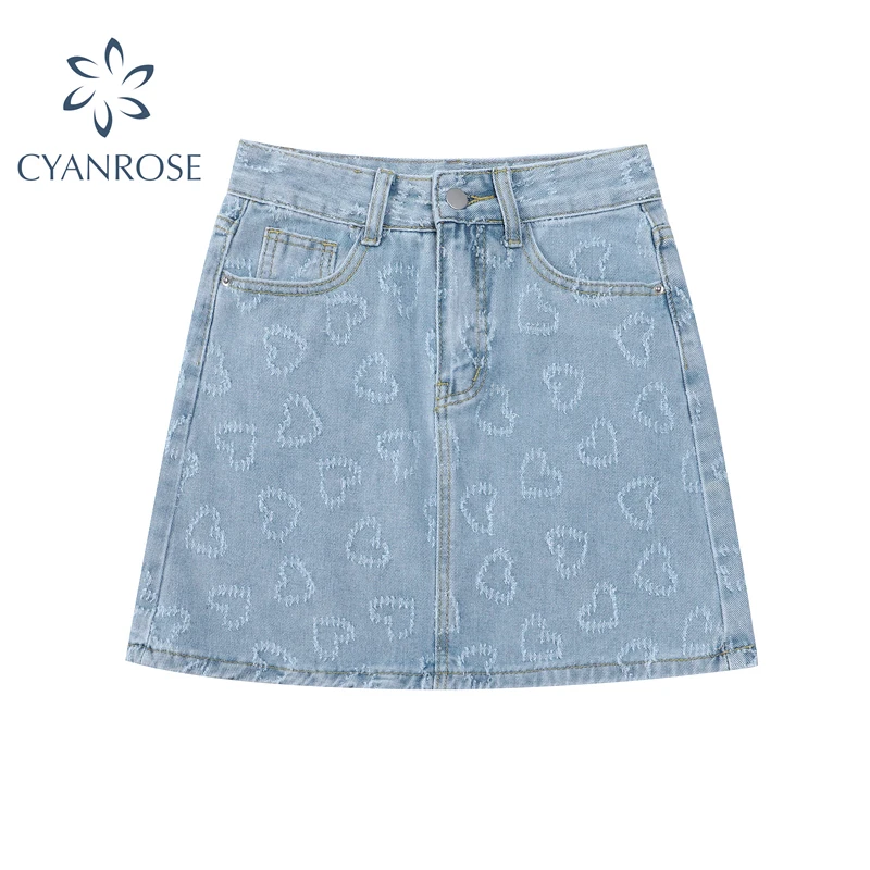 Женская джинсовая мини юбка с высокой талией синяя принтом в Корейском стиле