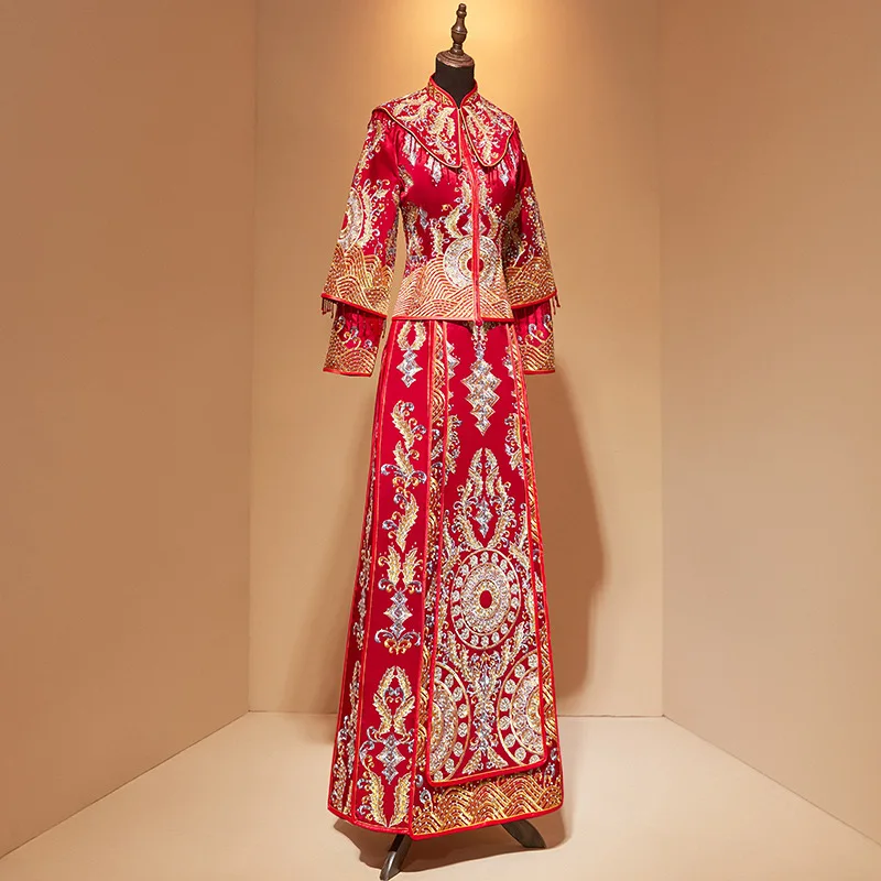 

New Chinese Women Wedding Dress Slim Cheongsam Chinese Style Marriage Set Suzhou Embroidery Bride Costume Marriage Gift