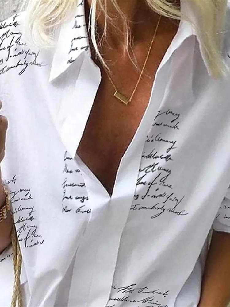 

Letter Print Long Sleeve Casual Shirt Autumn Women Elegant Stylish Office style Basic Top Female Workwear Shirt