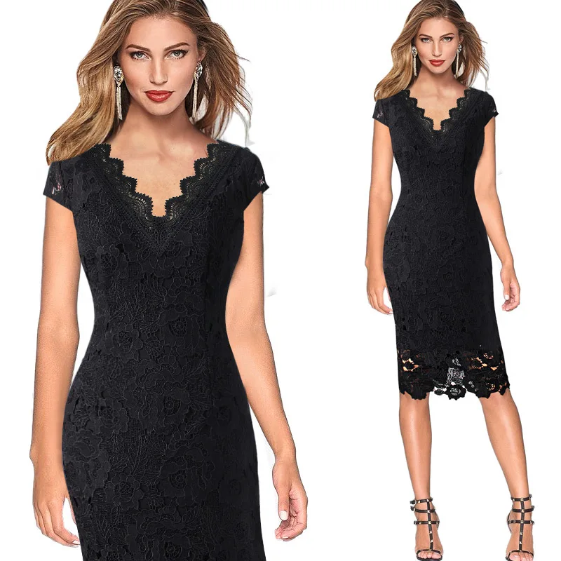 

Women's European and American Lace V-neck Black Casual Pencil Dress XXXL