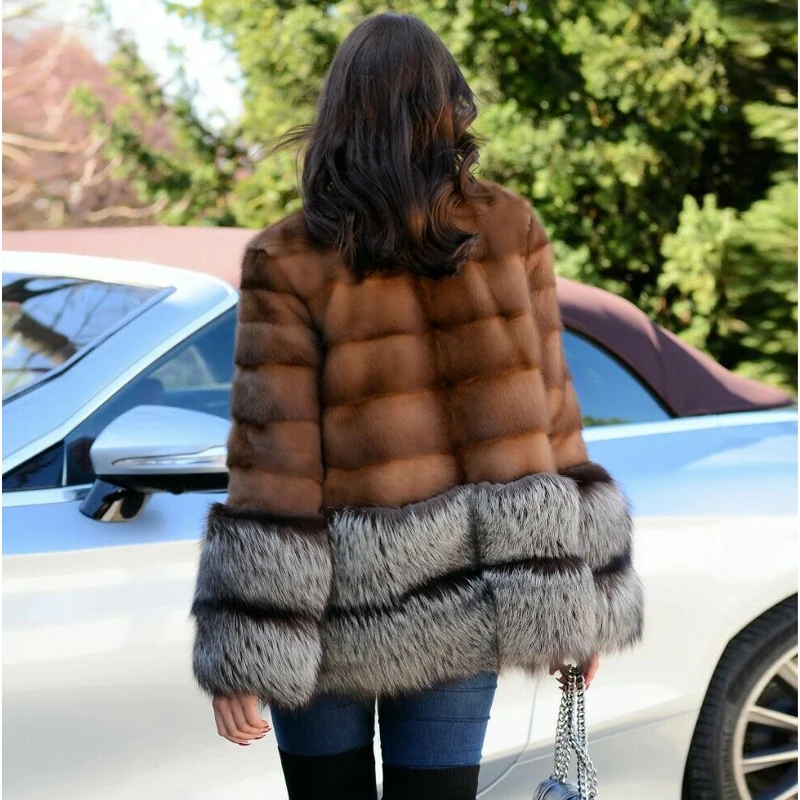 BFFUR Luxury Woman Natural Mink Fur Jackets With Silver Fox Fur Sleeve Cuffs And Bottoms Full Pelt Natural Mink Fur Coat Trendy