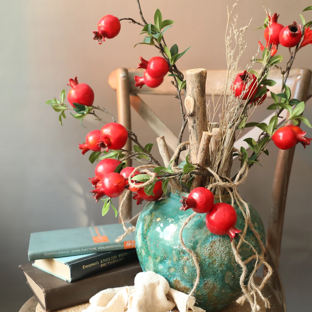 

9 Heads Fake Rose Fruit Artificial Pomegranate Berries Dried Branch Bouquet Floral Garden Home Decor Party Ornament