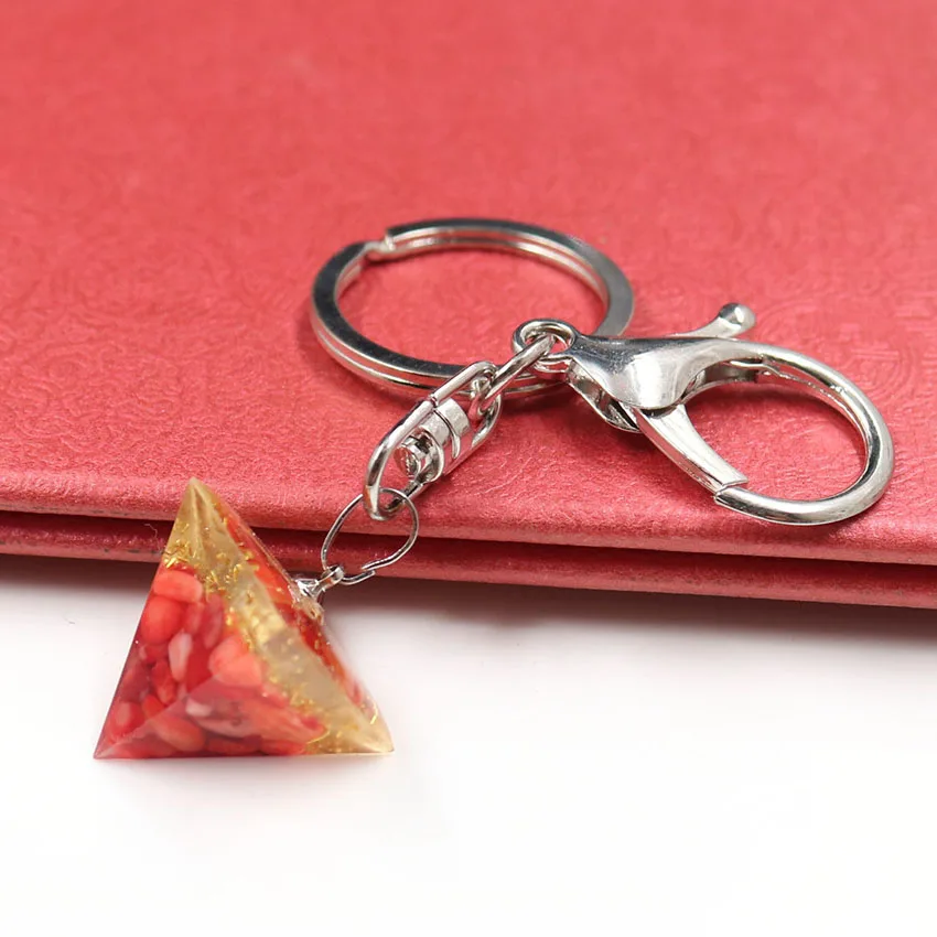 

Silver Plated Circle Pyramid Red Coral and Resin Key Chain Fluorite Stone Ethnic Style Jewelry