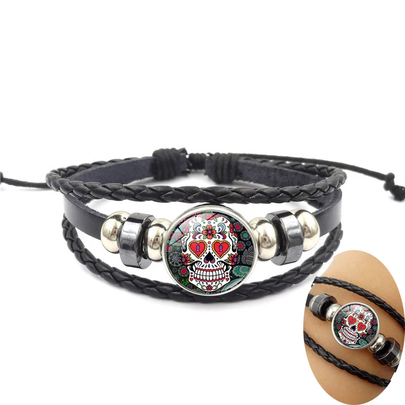 

Sugar Skull Snap Button bracelet For Women Men 18mm Glass Cabochon Ginger Snap Charm Leather Rope bangle Fashion Jewelry