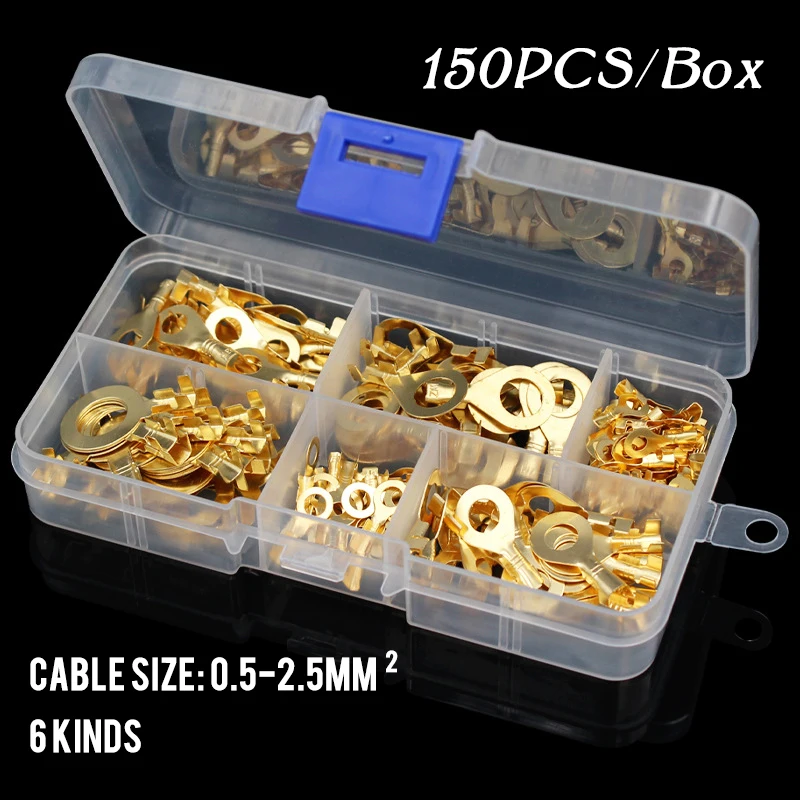 

150PCS M3 M4 M5 M6 Ring Lugs Ring Eyes Copper Crimp Terminals Cable Lug Wire Connector Non-insulated Assortment Kit